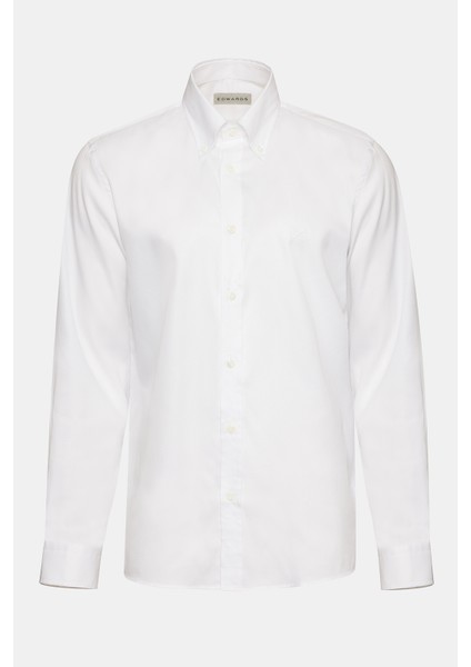 Erkek Beyaz Oliver Fit Düğmeli Yaka Klasik Gömlek