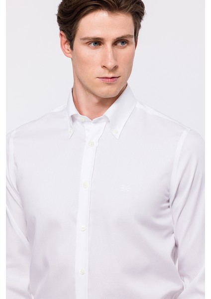 Erkek Beyaz Cooper Fit Düğmeli Yaka Non-Iron Spor Gömlek indirimleri