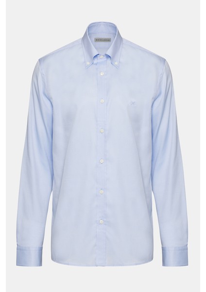 Erkek Mavi Oliver Fit Düğmeli Yaka Klasik Gömlek