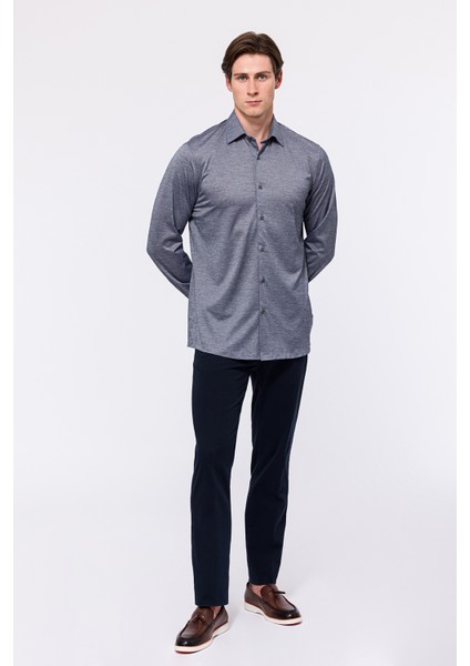 Erkek Gri Cooper Fit Düğmeli Yaka Jersey Gömlek
