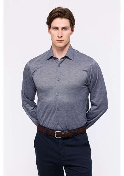 Erkek Gri Cooper Fit Düğmeli Yaka Jersey Gömlek