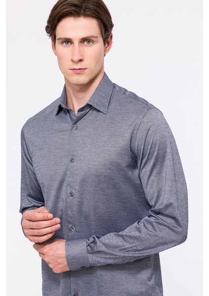 Erkek Gri Cooper Fit Düğmeli Yaka Jersey Gömlek
