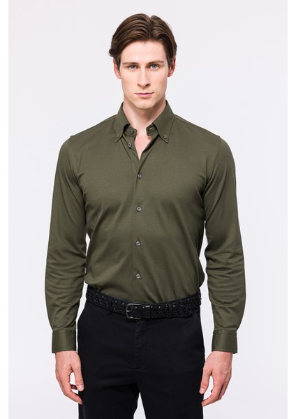 Erkek Yeşil Cooper Fit Düğmeli Yaka Pike Gömlek modelleri