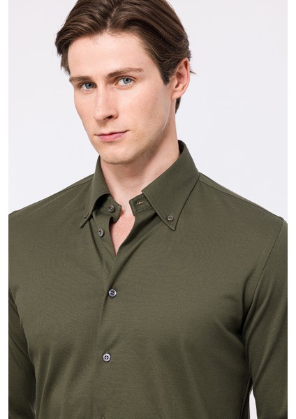 Erkek Yeşil Cooper Fit Düğmeli Yaka Pike Gömlek fırsatları