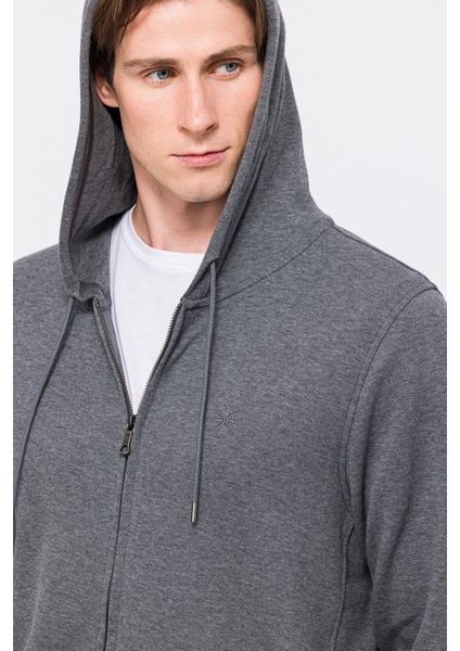 Erkek Gri Melanj Tam Fermuarlı Kapüşonlu Sweatshirt