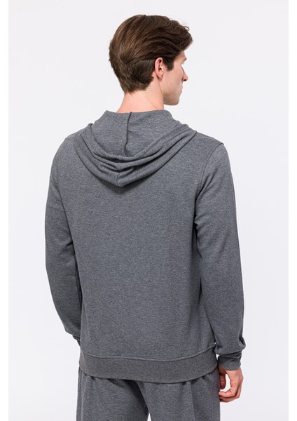 Erkek Gri Melanj Tam Fermuarlı Kapüşonlu Sweatshirt