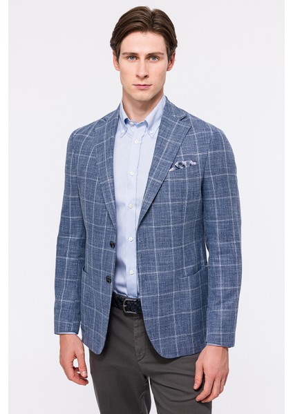 Erkek Açık Mavi Vitale Barberis Ekoseli Yün Spor Ceket