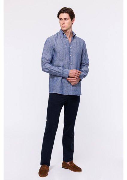 Erkek Indigo Cooper Fit Düğmeli Yaka Keten Gömlek fiyatları