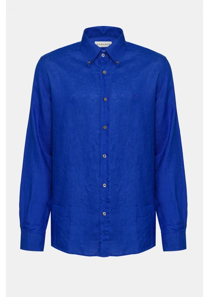 Erkek Koyu Mavi Cooper Fit Düğmeli Yaka Keten Gömlek
