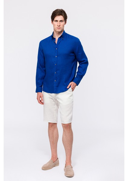 Erkek Koyu Mavi Cooper Fit Düğmeli Yaka Keten Gömlek fiyatları