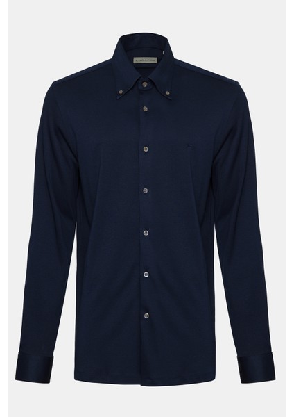 Erkek Lacivert Cooper Fit Düğmeli Yaka Interlock Gömlek