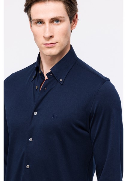 Erkek Lacivert Cooper Fit Düğmeli Yaka Interlock Gömlek modelleri