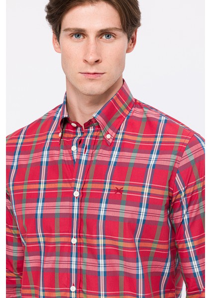 Erkek Kırmızı Cooper Fit Düğmeli Yaka Spor Gömlek modelleri