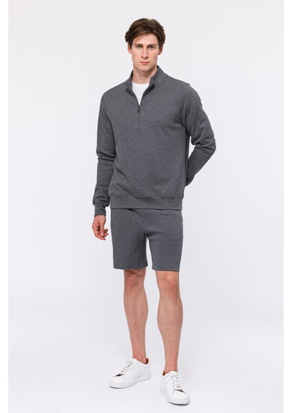 Erkek Gri Melanj Yarım Fermuarlı Sweatshirt
