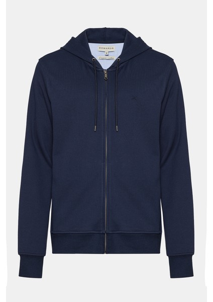 Erkek Lacivert Tam Fermuarlı Kapüşonlu Sweatshirt