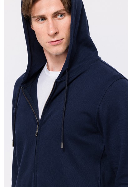 Erkek Lacivert Tam Fermuarlı Kapüşonlu Sweatshirt