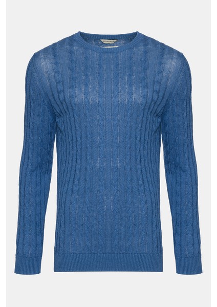 Erkek Koyu Mavi Saç Örgülü Bisiklet Yaka Keten Kazak