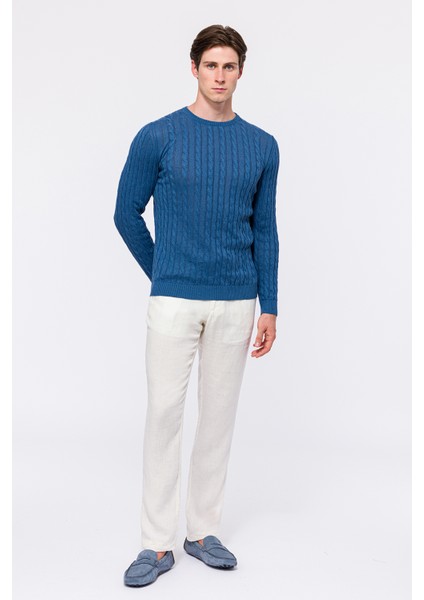 Erkek Koyu Mavi Saç Örgülü Bisiklet Yaka Keten Kazak fiyatları