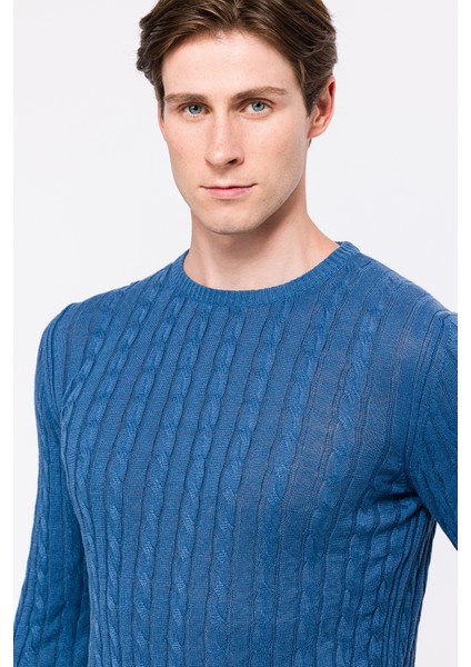 Erkek Koyu Mavi Saç Örgülü Bisiklet Yaka Keten Kazak modelleri