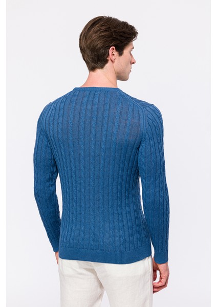 Erkek Koyu Mavi Saç Örgülü Bisiklet Yaka Keten Kazak fırsatları