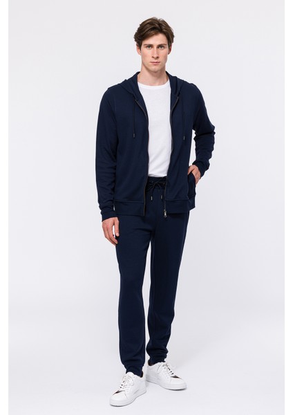 Erkek Lacivert Tam Fermuarlı Organik Pamuklu Kapüşonlu Sweatshirt fiyatları