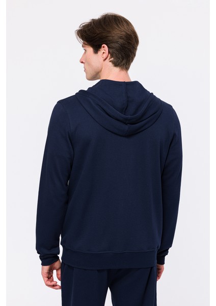 Erkek Lacivert Tam Fermuarlı Organik Pamuklu Kapüşonlu Sweatshirt fırsatları