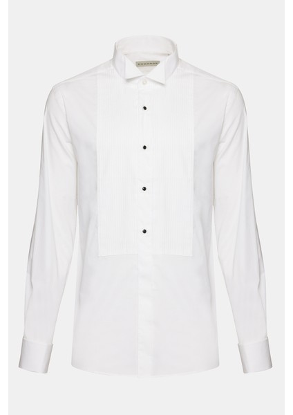 Erkek Beyaz Oliver Fit Ata Yaka Kol Düğmeli Metal Düğme Pilili Smokin Gömleği