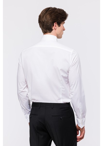 Erkek Beyaz Oliver Fit Ata Yaka Kol Düğmeli Metal Düğme Pilili Smokin Gömleği fırsatları