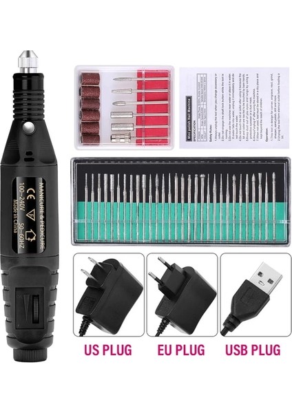 Siyah Set C USB Fişi Cnhıds Elektrikli Tırnak Matkap Makinesi Setleri Pedikür Manikür Matkap Freze Kesiciler Tırnak Törpüsü Profesyonel 20000RPM Parlatma Araçları (Yurt Dışından)