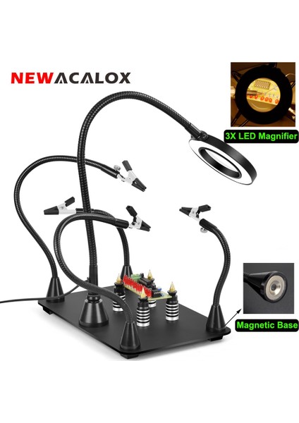 T-SS1M-BK9 Newacalox Yardımcı Eller Pcb Tutucu Için Üçüncü El Lehimleme Istasyonu 3x LED Büyüteç Kaynak Aracı ile 4 Esnek Manyetik Kol (Yurt Dışından)