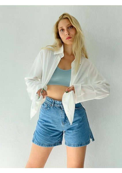 Retro Model Bol Uzun Kol Gömlek Kadın Beyaz