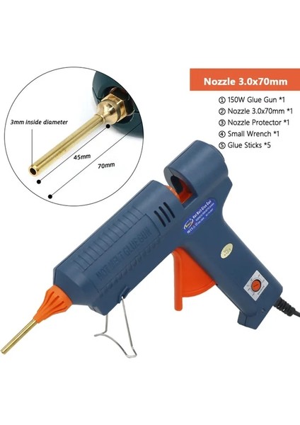 Meme 3.0X70MM Ingiltere 150W Sıcak Tutkal Tabancası Ayarlanabilir Sıcaklık Uzun Bakır Meme Isıtıcı Namlu Çapı 11MM Tutkal Sopa Zanaat Onarım Aracı (Yurt Dışından)