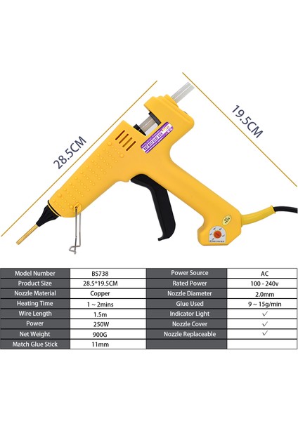 Set-1 250W, Ingiltere Profesyonel 250W Sıcak Tutkal Tabancası Ayarlanabilir Sıcaklık Yüksek Güçlü Silikon Tabanca Seti 11MM Tutkal Çubuğu 2.0mm Bakır Nozul Kullanarak (Yurt Dışından) modelleri