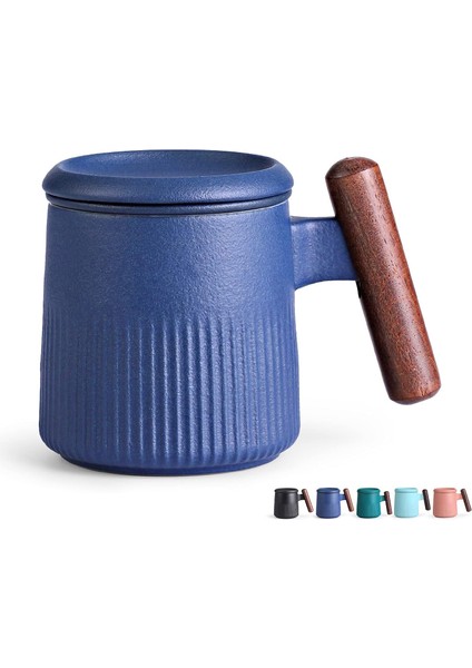 Taoci Çay Kupa Seramik Çay Bardağı Saplı Ahşap Demlik ve Kapaklı 12.5 Ons Porselen Bardak Demleme Gevşek Yaprak Çay (Mavi) (Yurt Dışından)