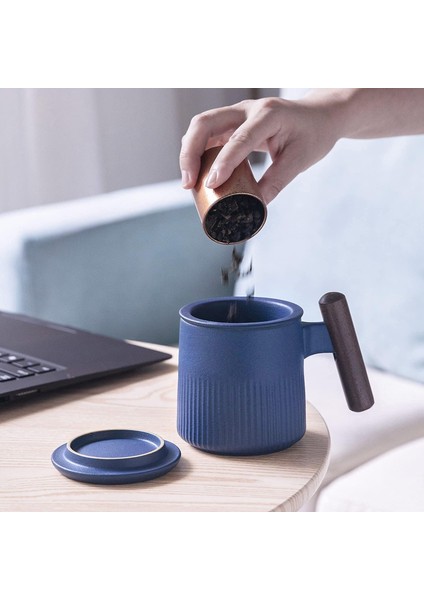 Taoci Çay Kupa Seramik Çay Bardağı Saplı Ahşap Demlik ve Kapaklı 12.5 Ons Porselen Bardak Demleme Gevşek Yaprak Çay (Mavi) (Yurt Dışından) fırsatları