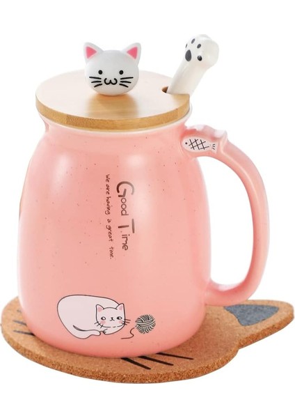 Kedi Kupa Sevimli Kitty Kapaklı Seramik Kahve Fincanı, Kedi Paw Kaşık, Kawaii Coaster, Yenilik Sabah Fincan Çay Süt Noel Kupa, Pembe (Yurt Dışından)