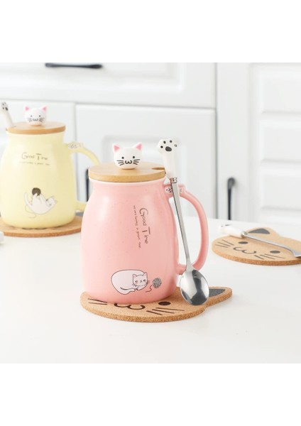 Kedi Kupa Sevimli Kitty Kapaklı Seramik Kahve Fincanı, Kedi Paw Kaşık, Kawaii Coaster, Yenilik Sabah Fincan Çay Süt Noel Kupa, Pembe (Yurt Dışından) modelleri
