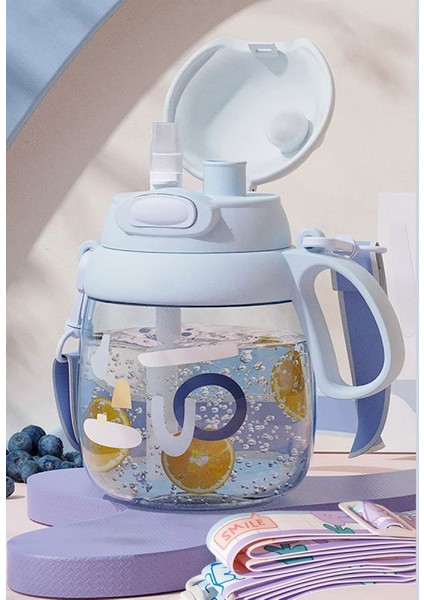 Yeni Yaz Pot Göbek Fincan Plastik Su Bardağı Yüksek Değerli Su Isıtıcısı Büyük Kapasiteli Mavi + Fincan Fırça Saman Fırçası + Etiket + Stereo Yama 1300 ml (Yurt Dışından)