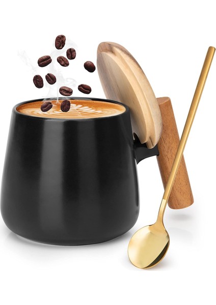 Seramik Kahve Kupa, Ofis ve Ev Için Çay Bardağı, 14 Oz Kapaklı ve Kahve Kaşığı Kahve Fincanları, Doğum Günü, Yılbaşı Hediyeleri, Ev Isınma Hediyeleri Yeni Ev, 1 Paket (Siyah) (Yurt Dışından)