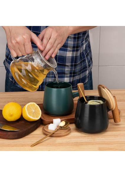 Seramik Kahve Kupa, Ofis ve Ev Için Çay Bardağı, 14 Oz Kapaklı ve Kahve Kaşığı Kahve Fincanları, Doğum Günü, Yılbaşı Hediyeleri, Ev Isınma Hediyeleri Yeni Ev, 1 Paket (Siyah) (Yurt Dışından) fırsatları