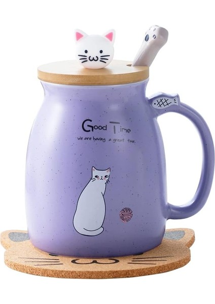 Kedi Kupa Sevimli Kitty Kapaklı Sevimli Seramik Kahve Fincanı, Kedi Paw Kaşık, Kawaii Coaster, Yenilik Sabah Fincan Çay Süt Noel Kupa Mor (Yurt Dışından)