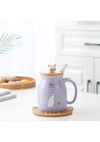 Kedi Kupa Sevimli Kitty Kapaklı Sevimli Seramik Kahve Fincanı, Kedi Paw Kaşık, Kawaii Coaster, Yenilik Sabah Fincan Çay Süt Noel Kupa Mor (Yurt Dışından) fiyatları