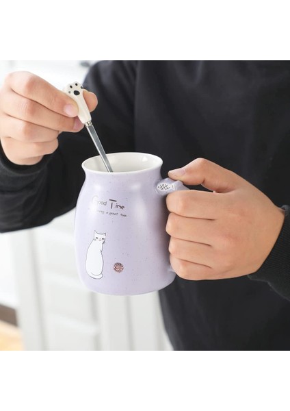 Kedi Kupa Sevimli Kitty Kapaklı Sevimli Seramik Kahve Fincanı, Kedi Paw Kaşık, Kawaii Coaster, Yenilik Sabah Fincan Çay Süt Noel Kupa Mor (Yurt Dışından) modelleri