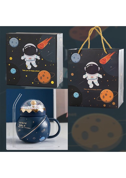 Sevimli Astronot Gezegen Seramik Kapaklı Kupa Büyük Kapasiteli Kupa Aile ve Arkadaşlar Için Yaratıcı ve Pratik Hediye, Zarif Hediye Kutusu ile (Yurt Dışından)