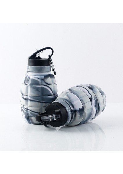Yeni Katlanabilir El Bombası Su Şişesi Gıda Sınıfı Silikon Sürme Yürüyüş Su Şişesi Çantanıza Içme Seti Açık Gri Mermer 580ML (Yurt Dışından)