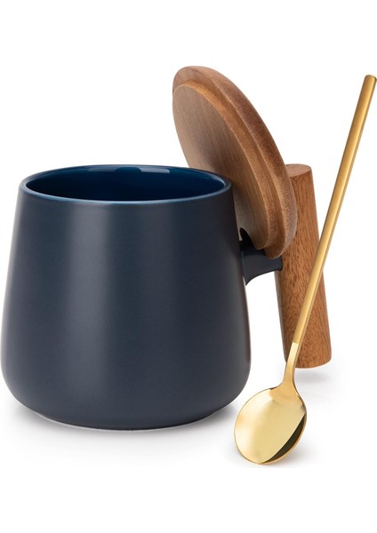 Seramik Kahve Kupa, Ofis ve Ev Için Çay Bardağı, Kapaklı ve Kahve Kaşığı ile 14 Oz Kahve Fincanları, Doğum Günü, Yılbaşı Hediyeleri, Ev Isınma Hediyeleri Yeni Ev, 1 Paket (Mavi) (Yurt Dışından)