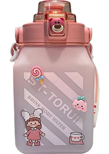 Yaz Kare Saksı Göbek Kupası Degrade Spor Şişesi Açık Buzlu Saman Bardak Büyük Kapasiteli Su Bardağı Pembe (3d Çıkartmalar + Rastgele Çıkartmalarla) 1,5l (Yurt Dışından)