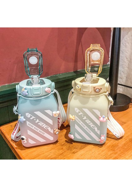 Yaz Kare Saksı Göbek Kupası Degrade Spor Şişesi Açık Buzlu Saman Bardak Büyük Kapasiteli Su Bardağı Pembe (3d Çıkartmalar + Rastgele Çıkartmalarla) 1,5l (Yurt Dışından)
