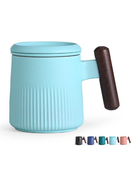 Taoci Çay Kupa Seramik Çay Bardağı Demlik ve Kapaklı Ahşap Saplı 12.5 Ons Porselen Bardak Demleme Gevşek Yaprak Çay, Açık Mavi (Yurt Dışından)