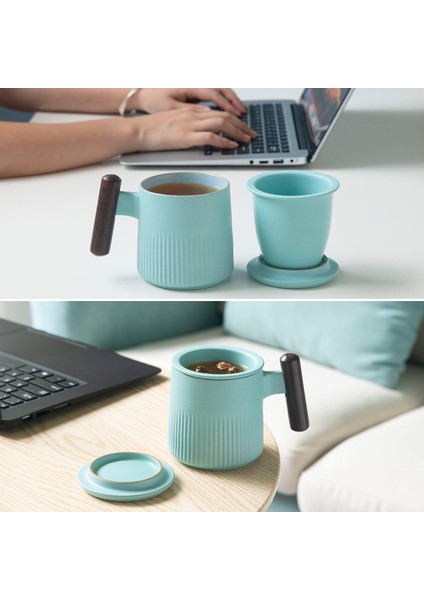 Taoci Çay Kupa Seramik Çay Bardağı Demlik ve Kapaklı Ahşap Saplı 12.5 Ons Porselen Bardak Demleme Gevşek Yaprak Çay, Açık Mavi (Yurt Dışından) fiyatları